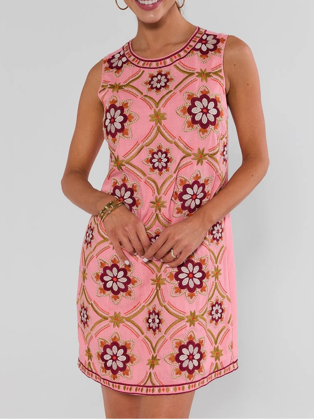 THML pink sleeveless shift dress with floral embroidery. Size XS.